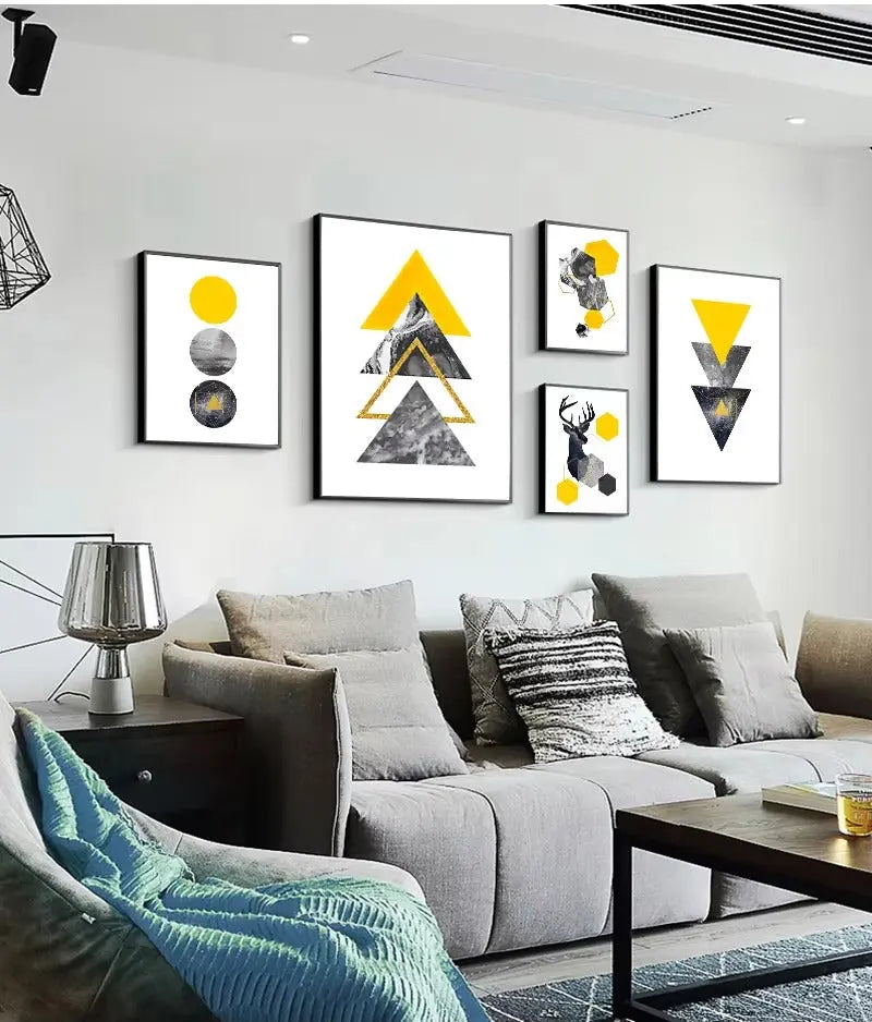 Abstract Grey Yellow Geometric Triangles Nordic Deer Wall Art HOME & KITCHEN