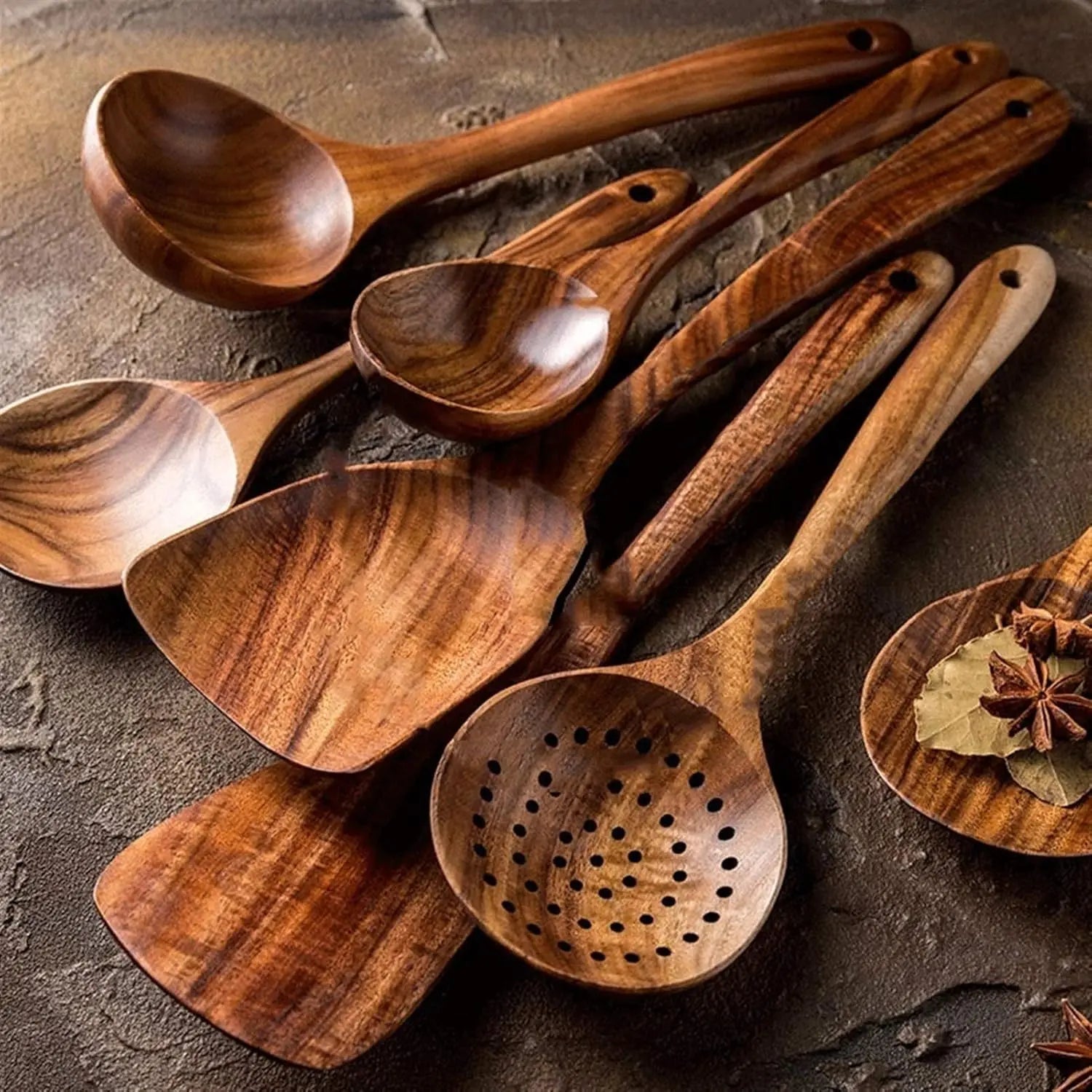 7pcs/set Teak Natural Wood Tableware Spoon HOME & KITCHEN