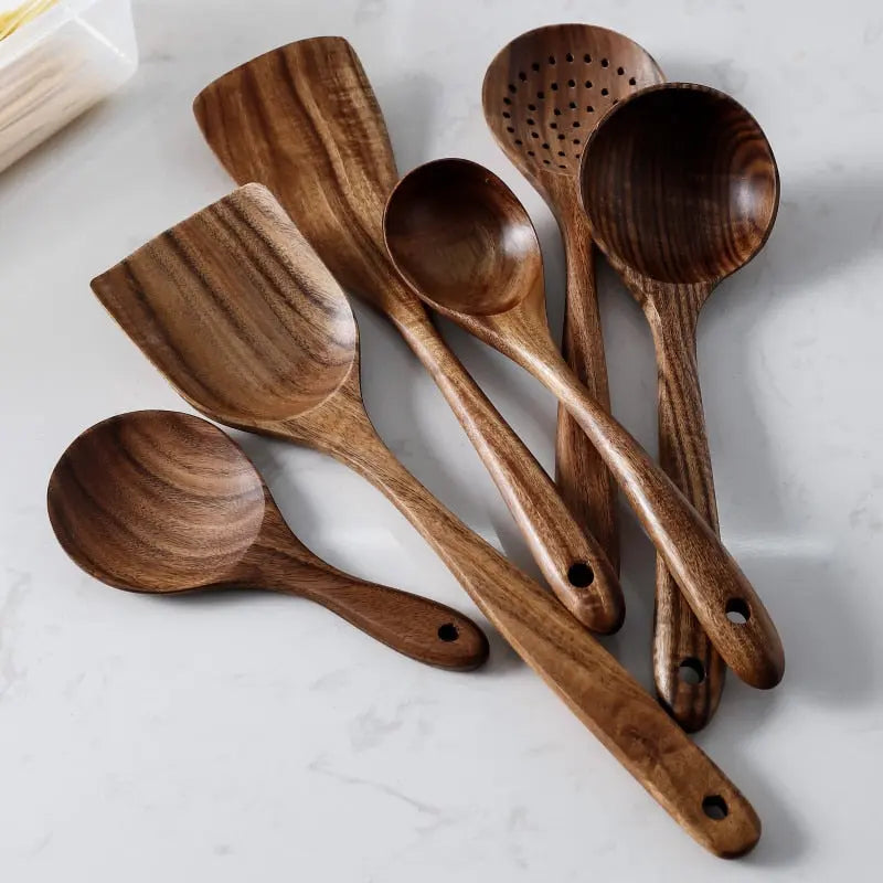 7pcs/set Teak Natural Wood Tableware Spoon HOME & KITCHEN