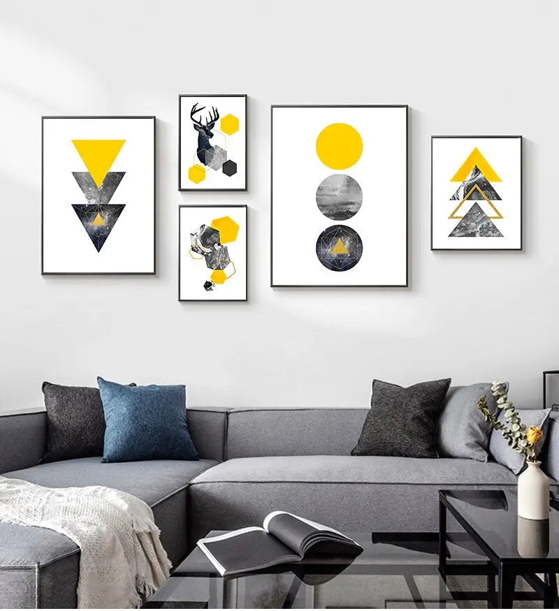 Abstract Grey Yellow Geometric Triangles Nordic Deer Wall Art HOME & KITCHEN