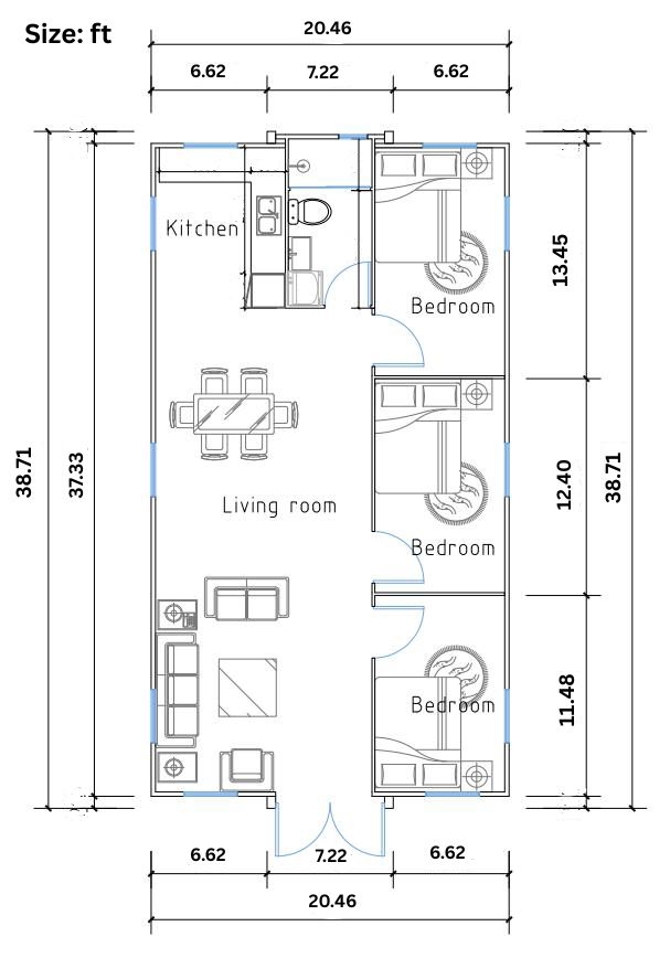 B6 Modern Prefab Home With 3 Bedrooms (800 sq ft) Hawme