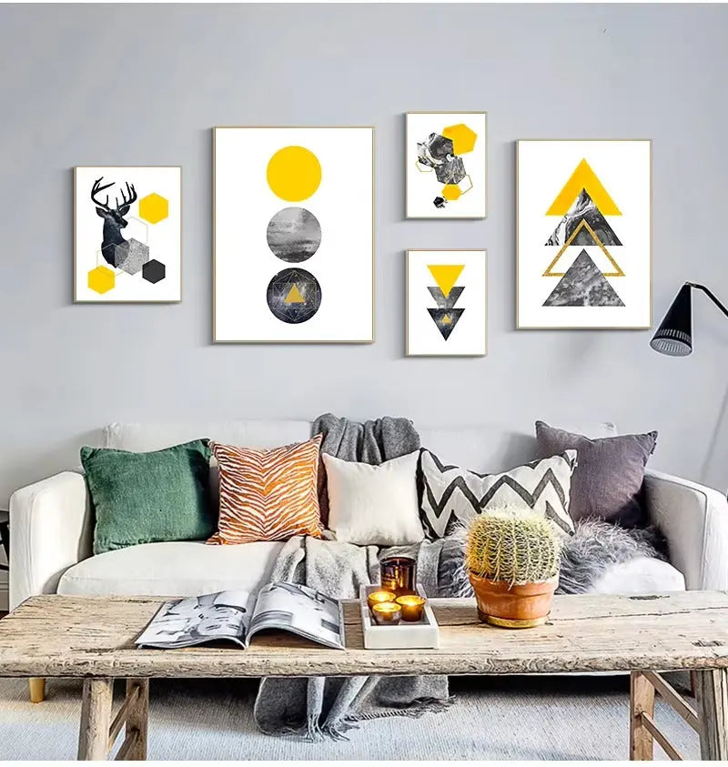 Abstract Grey Yellow Geometric Triangles Nordic Deer Wall Art HOME & KITCHEN