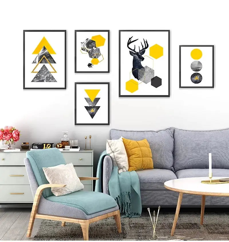 Abstract Grey Yellow Geometric Triangles Nordic Deer Wall Art HOME & KITCHEN