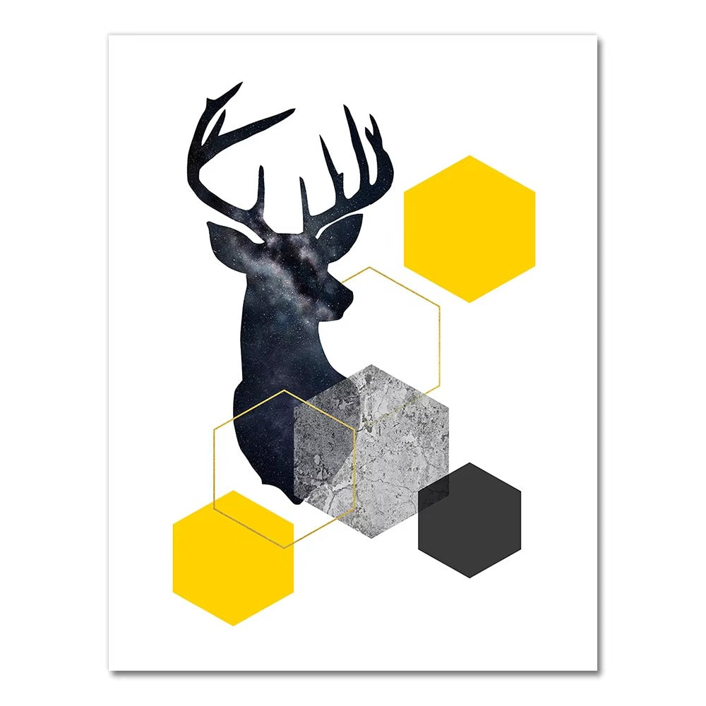Abstract Grey Yellow Geometric Triangles Nordic Deer Wall Art HOME & KITCHEN